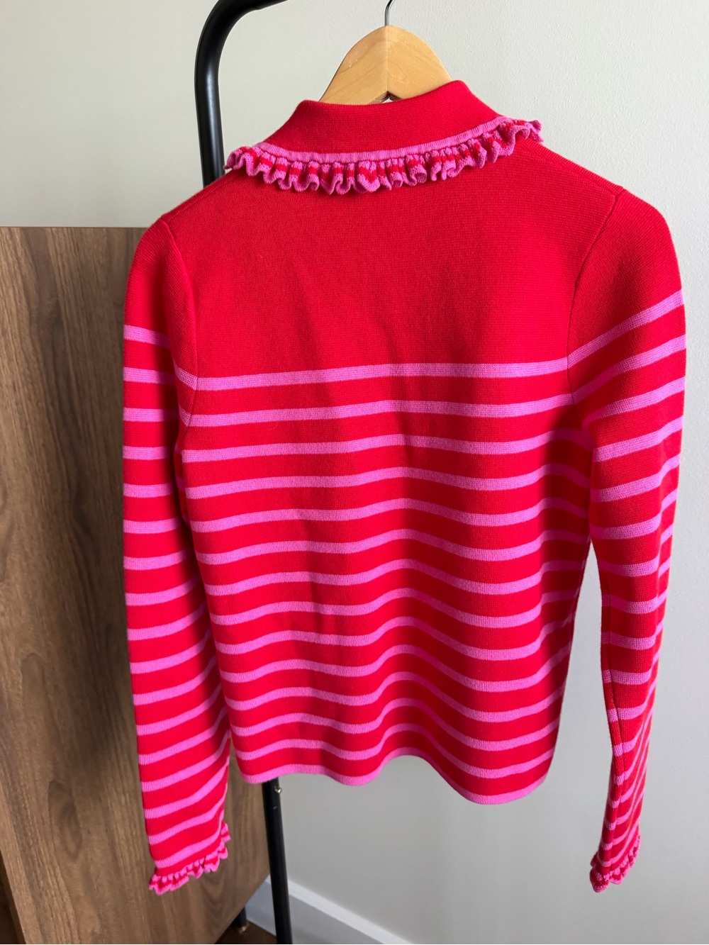 Boden Red & Pink Striped Ruffle Collar Cardigan Sweater Size S NWOT Wool Cotton - Picture 3 of 13